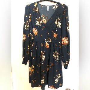 Navy w/ orange floral long sleeve knee-length dress from Target, size S